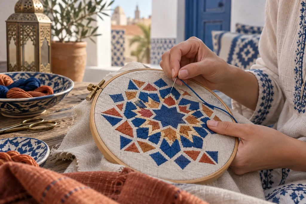 Étoile géométrique brodée en bleu et ocre dans un tambour en bois