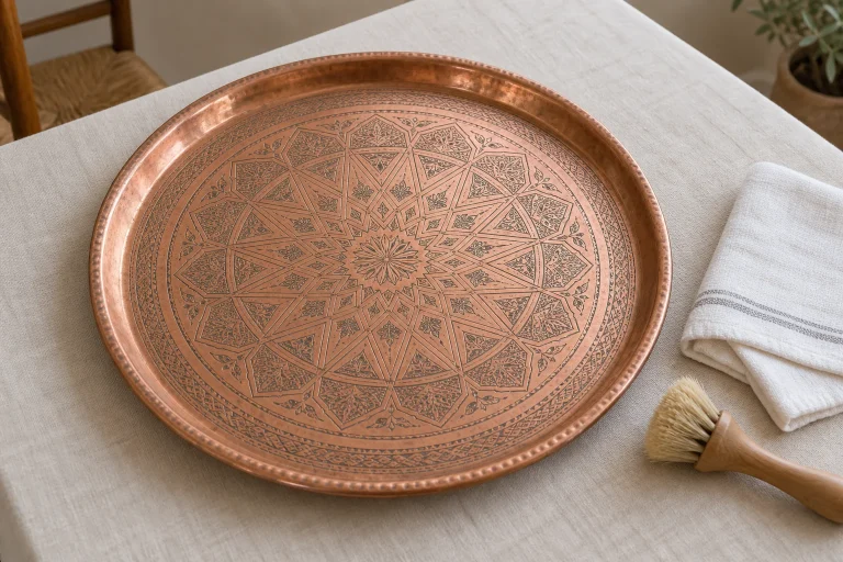 Plateau cuivré à motifs ciselés, chiffon blanc et pinceau souple sur une table