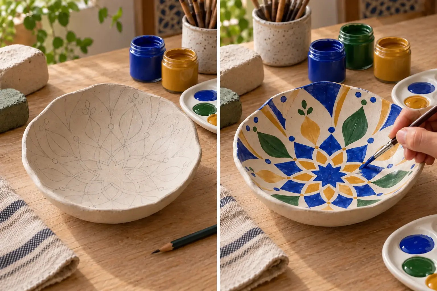 Coupelle sèche avec motif radial tracé au crayon, puis le même motif peint en bleu, vert et ocre.