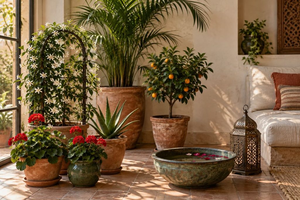 Coin de salon aménagé en patio de riad avec kentia, agrume, jasmin et géraniums en terre cuite