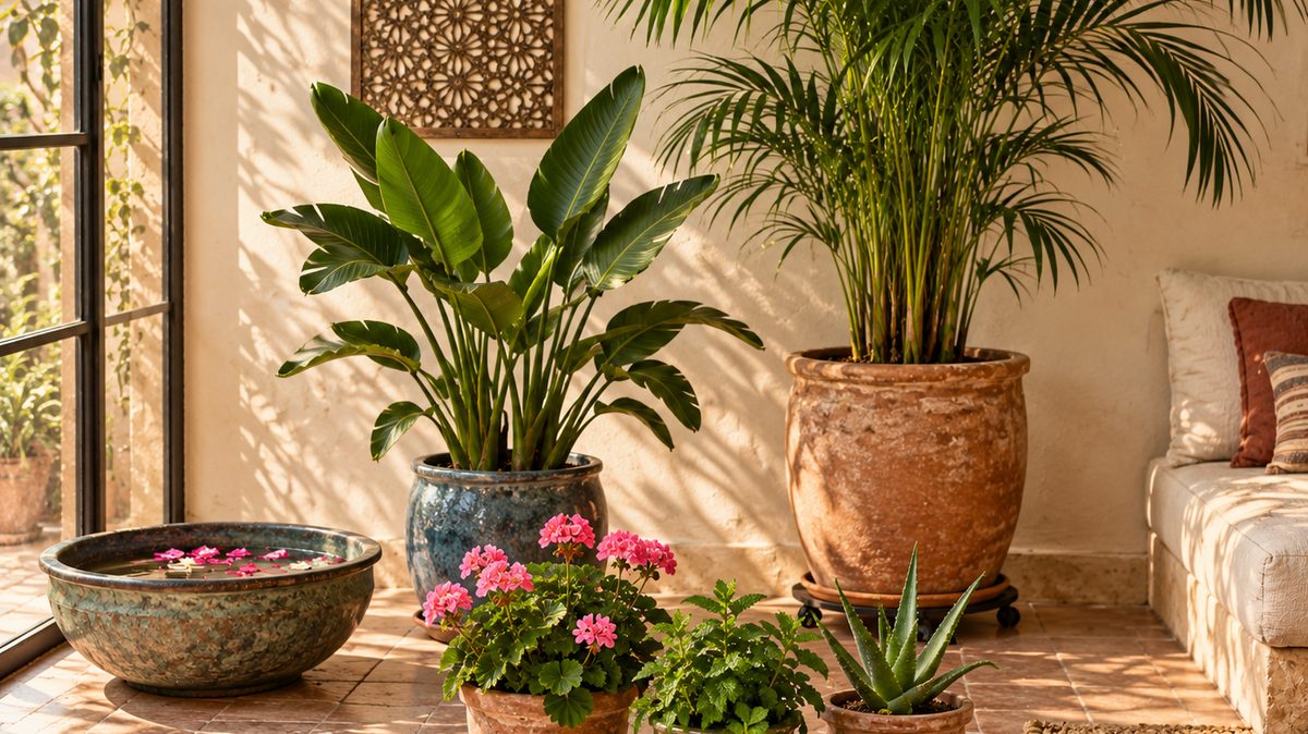 Plantes de riad disposées en trois hauteurs devant un mur avec arche orientale