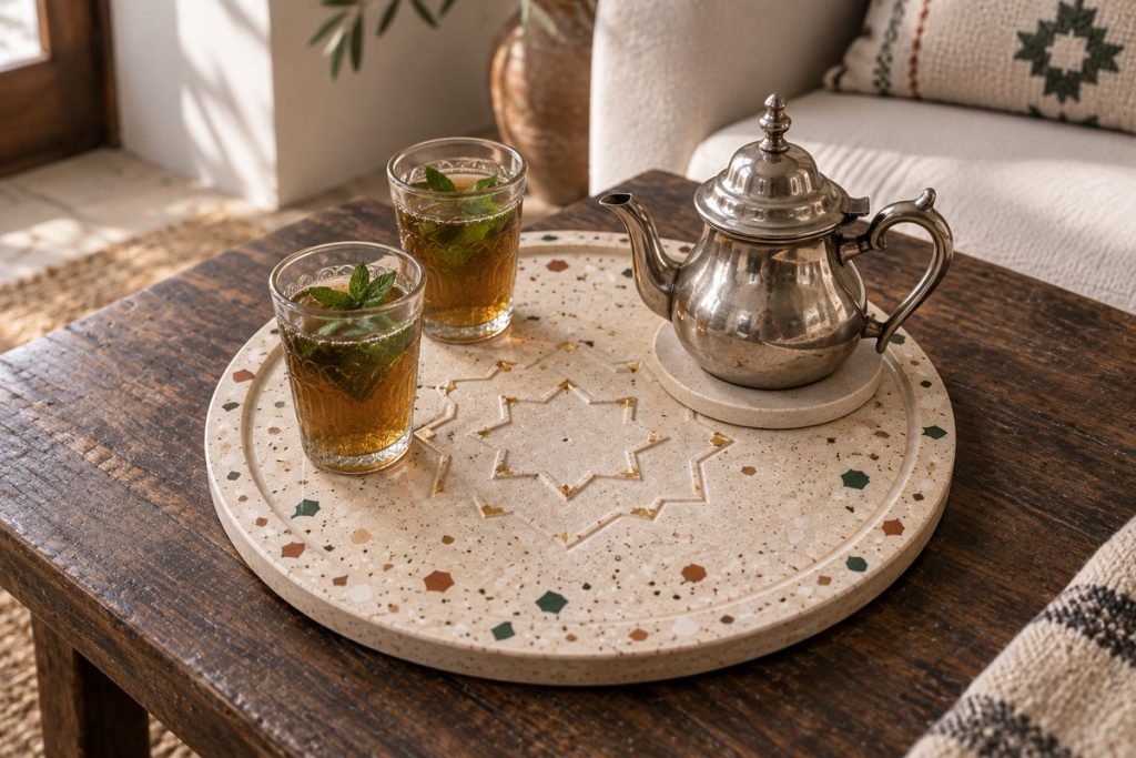 Plateau rond en jesmonite à décor oriental avec verres à thé marocains
