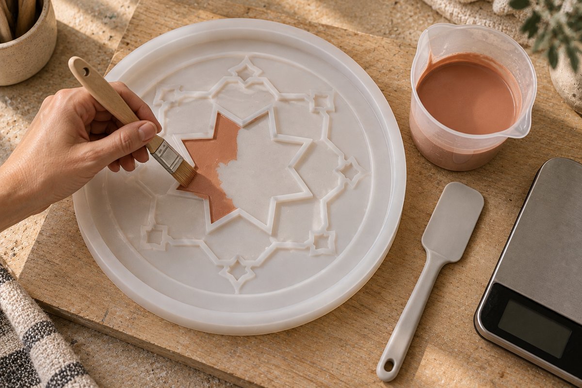 Pinceau appliquant une couche de jesmonite dans un moule silicone à arabesques