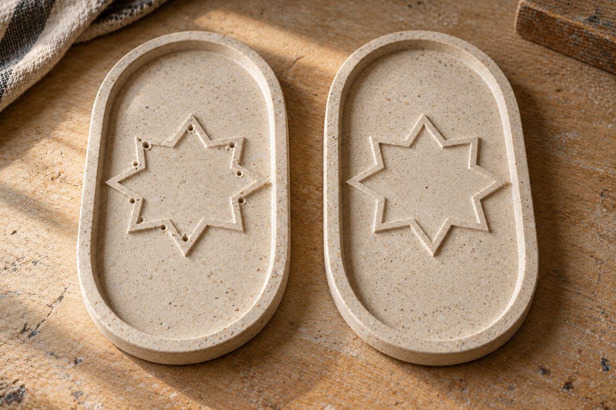 Deux plateaux en jesmonite, bulles dans le relief à gauche, relief net à droite