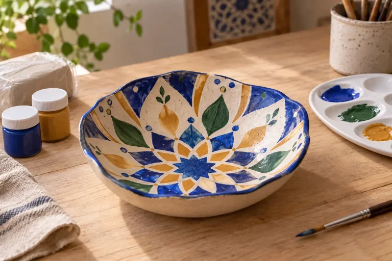 Coupelle décorative en argile peinte d'un motif radial bleu, vert et ocre sur une table d'atelier.